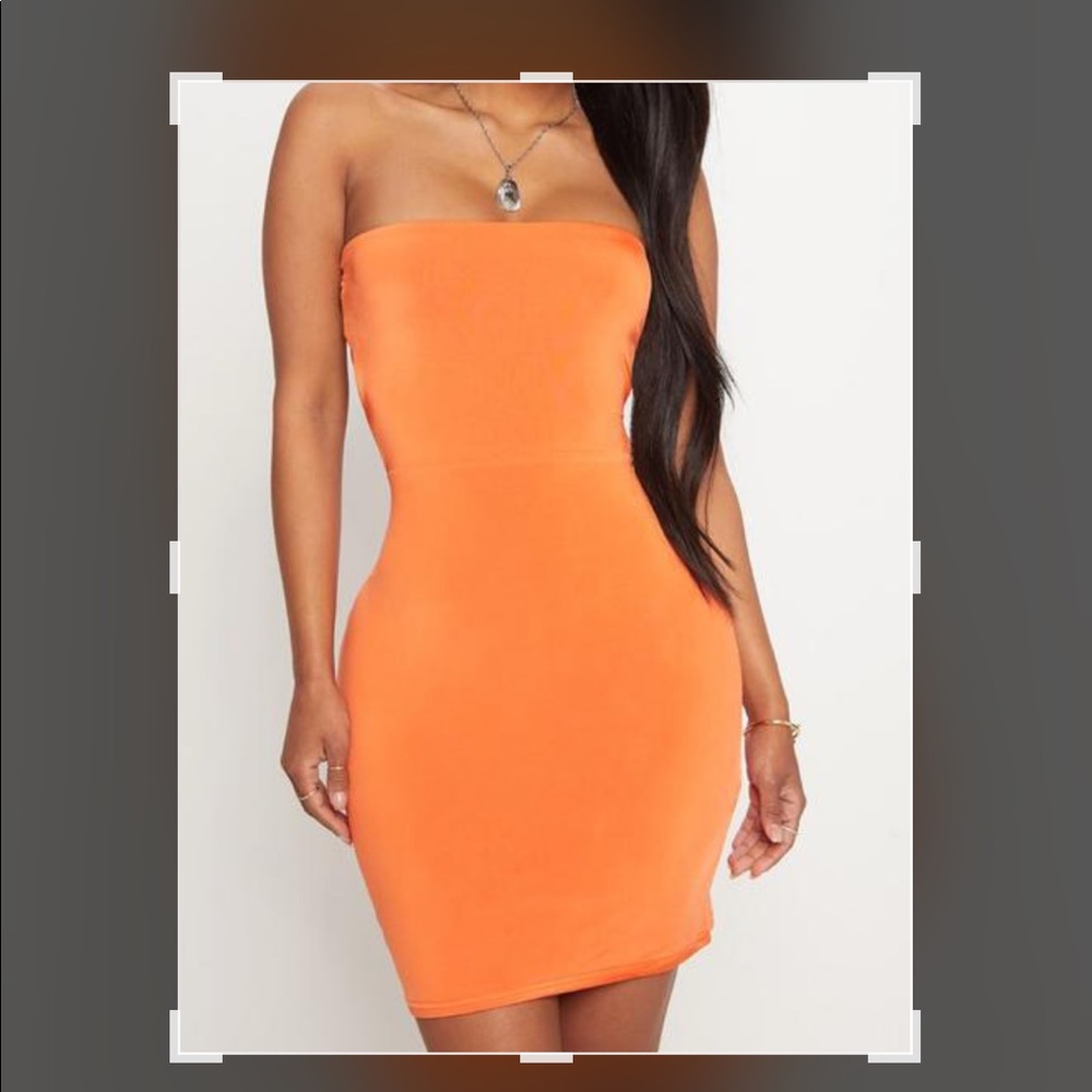 $Shape orange slinky lace up back bodycon Dress
